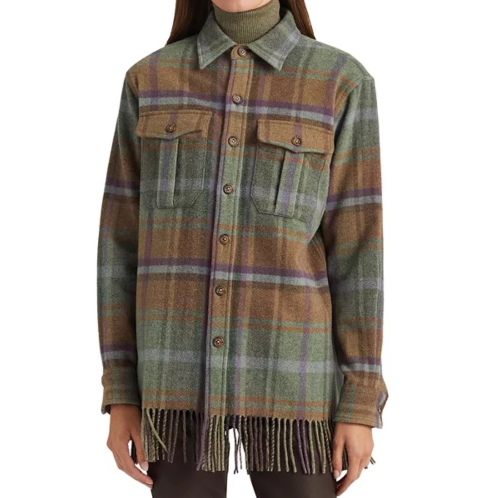 Lauren Ralph Lauren Green Plaid Fringe Wool Shacket